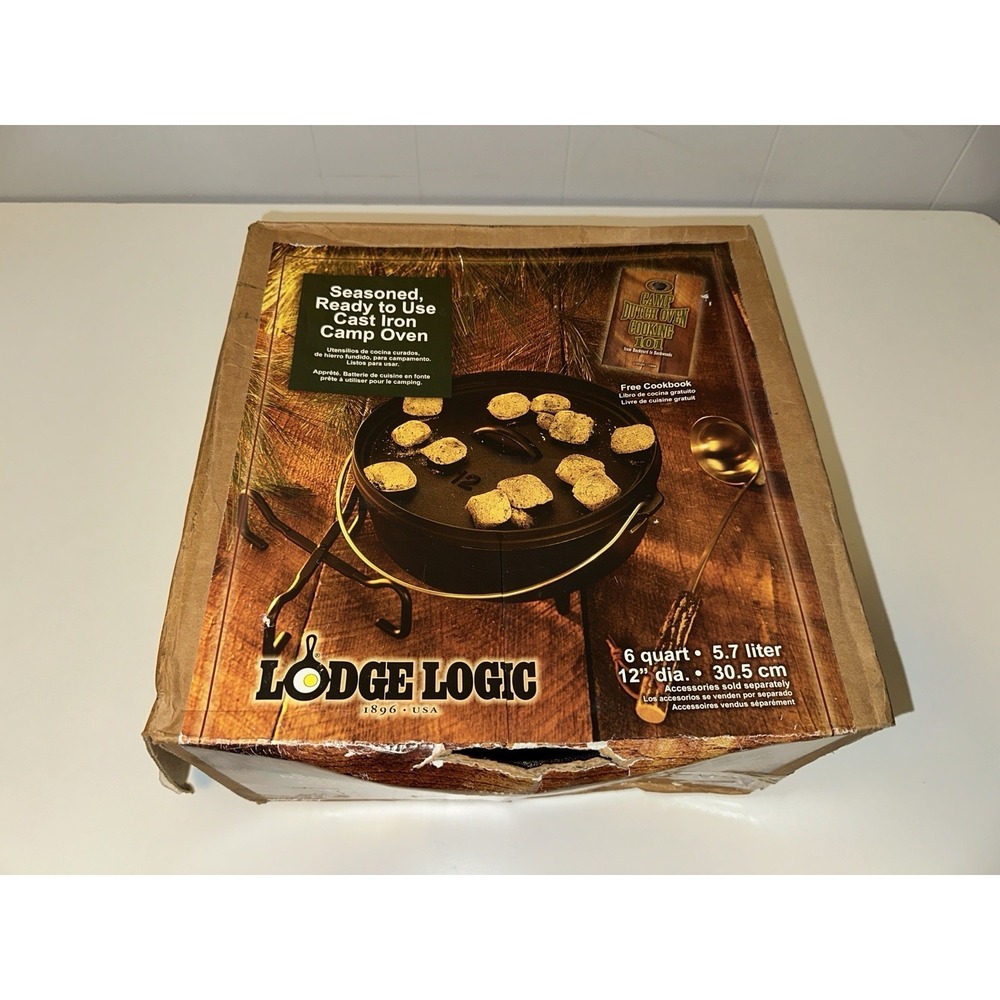 VTG Lodge Large Cast Iron Dutch Oven Pot & Lid 12 Inch 3 Leg USA And Recipe Book